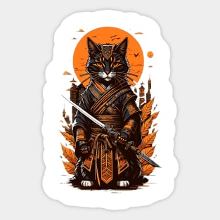 Yellow moon samurai cat Sticker